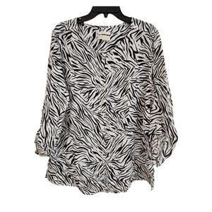 Cynthia Rowley Tunic Top Sz 1X Linen Zebra Animal Print Button Down Shirt Beachy